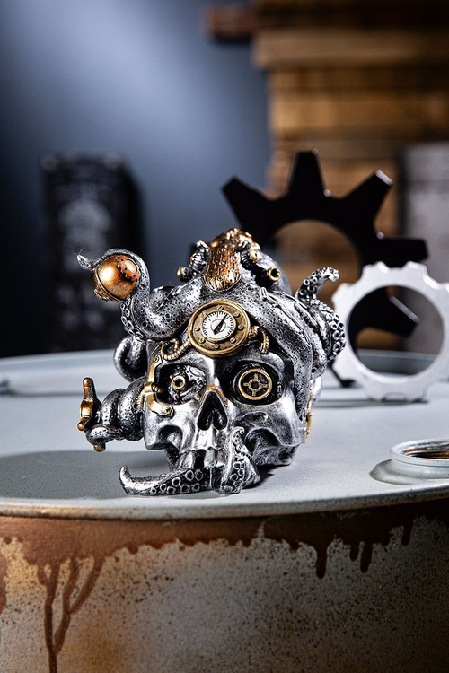Dekorační lebka Steampunk Skull kovová, 15 cm