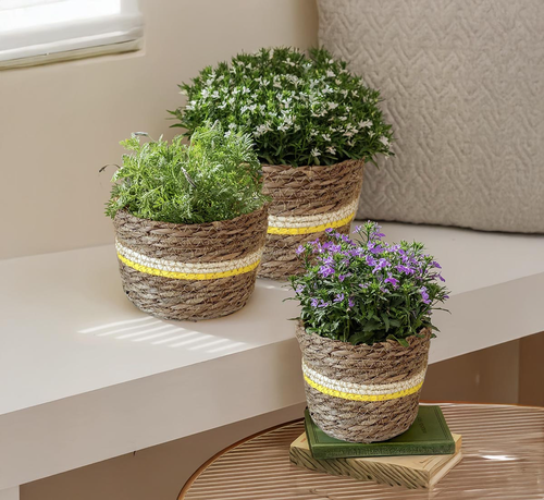 Obaly na květináče z mořské trávy, žluté, sada 3 ks